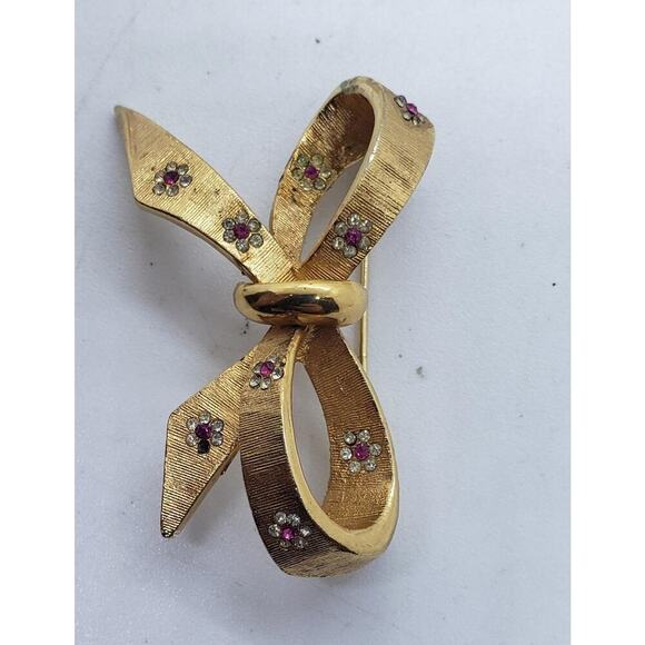 Vintage Bow Brooch 3D Gold Tone Pink/Red Rhinestone Flower Accents signed BSK - Picture 7 of 10